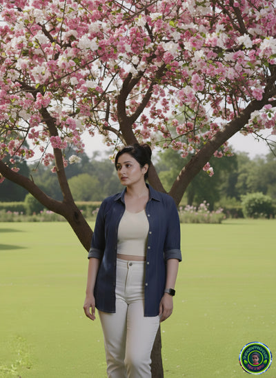 ShifaDrappinghouse.Versatile Indigo Denim Tunic Shirt with Contrast Stitching