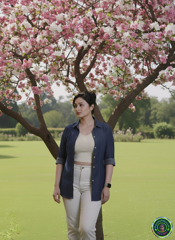 ShifaDrappinghouse.Versatile Indigo Denim Tunic Shirt with Contrast Stitching