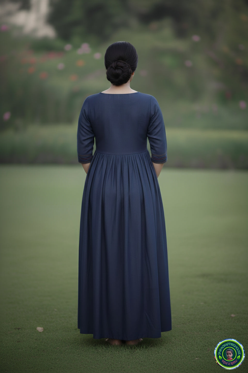 ShifaDrappinghouse.Women's Indigo Denim Maxi Gown with Vibrant Red & Turquoise Embroidery