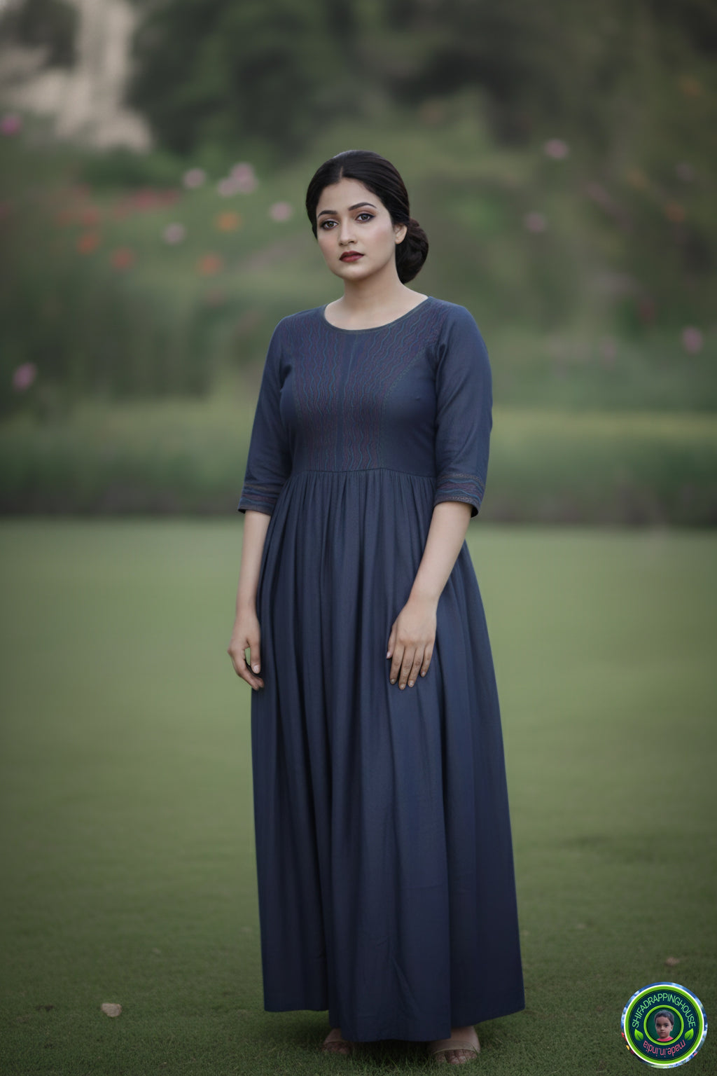 ShifaDrappinghouse.Women's Indigo Denim Maxi Gown with Vibrant Red & Turquoise Embroidery