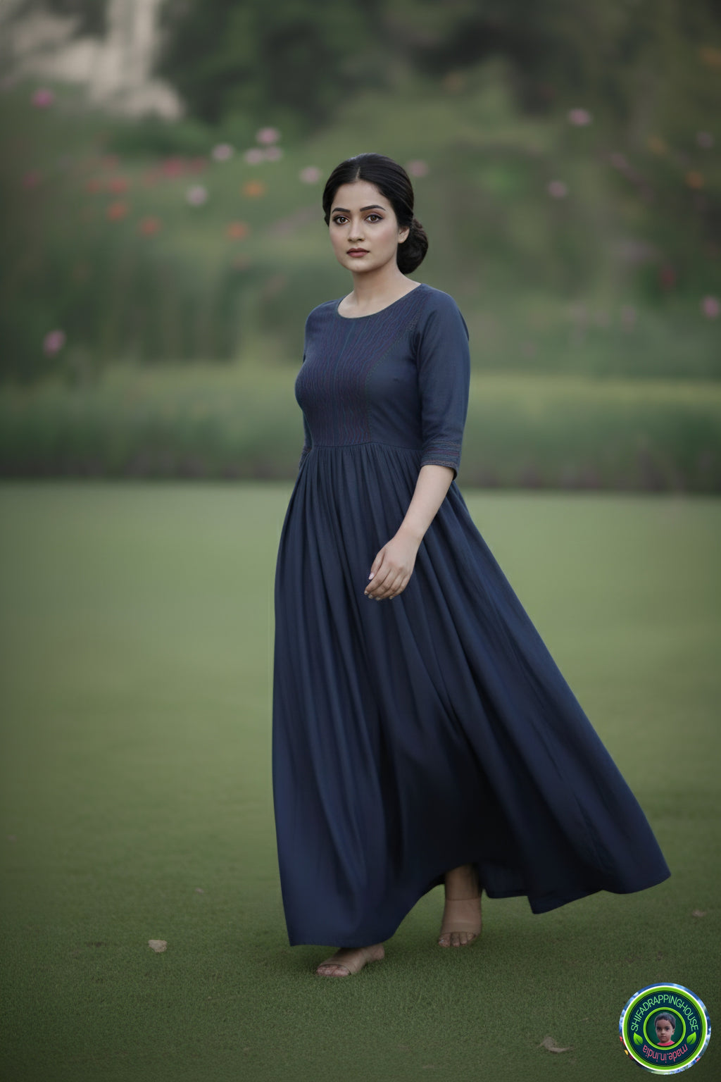 ShifaDrappinghouse.Women's Indigo Denim Maxi Gown with Vibrant Red & Turquoise Embroidery