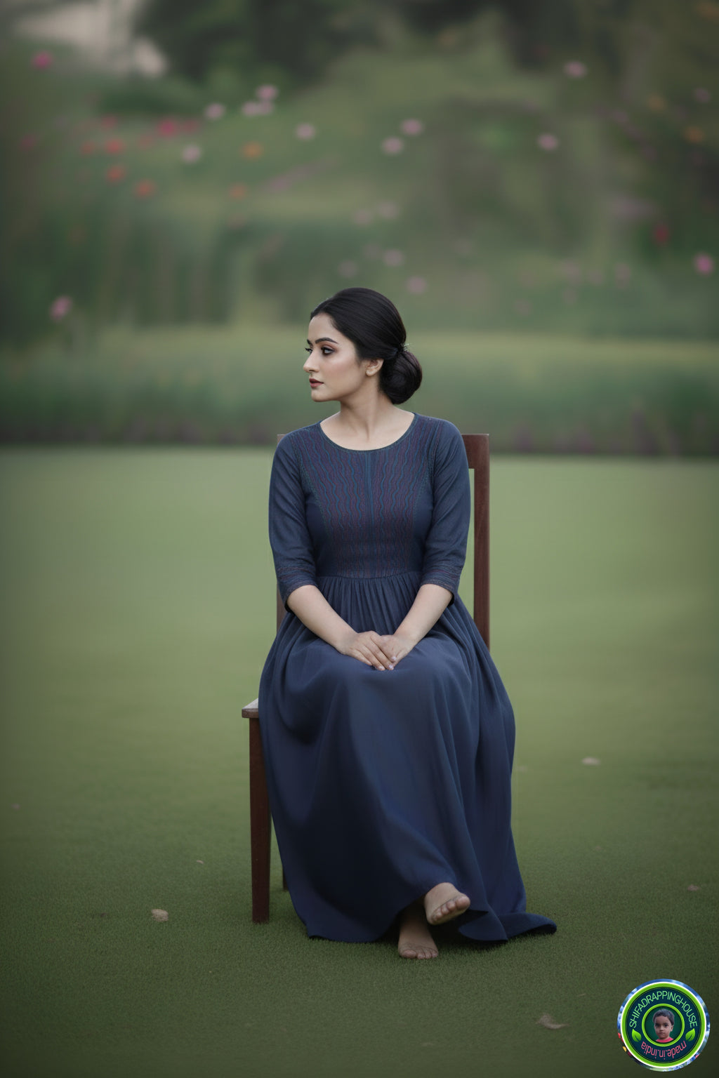 ShifaDrappinghouse.Women's Indigo Denim Maxi Gown with Vibrant Red & Turquoise Embroidery