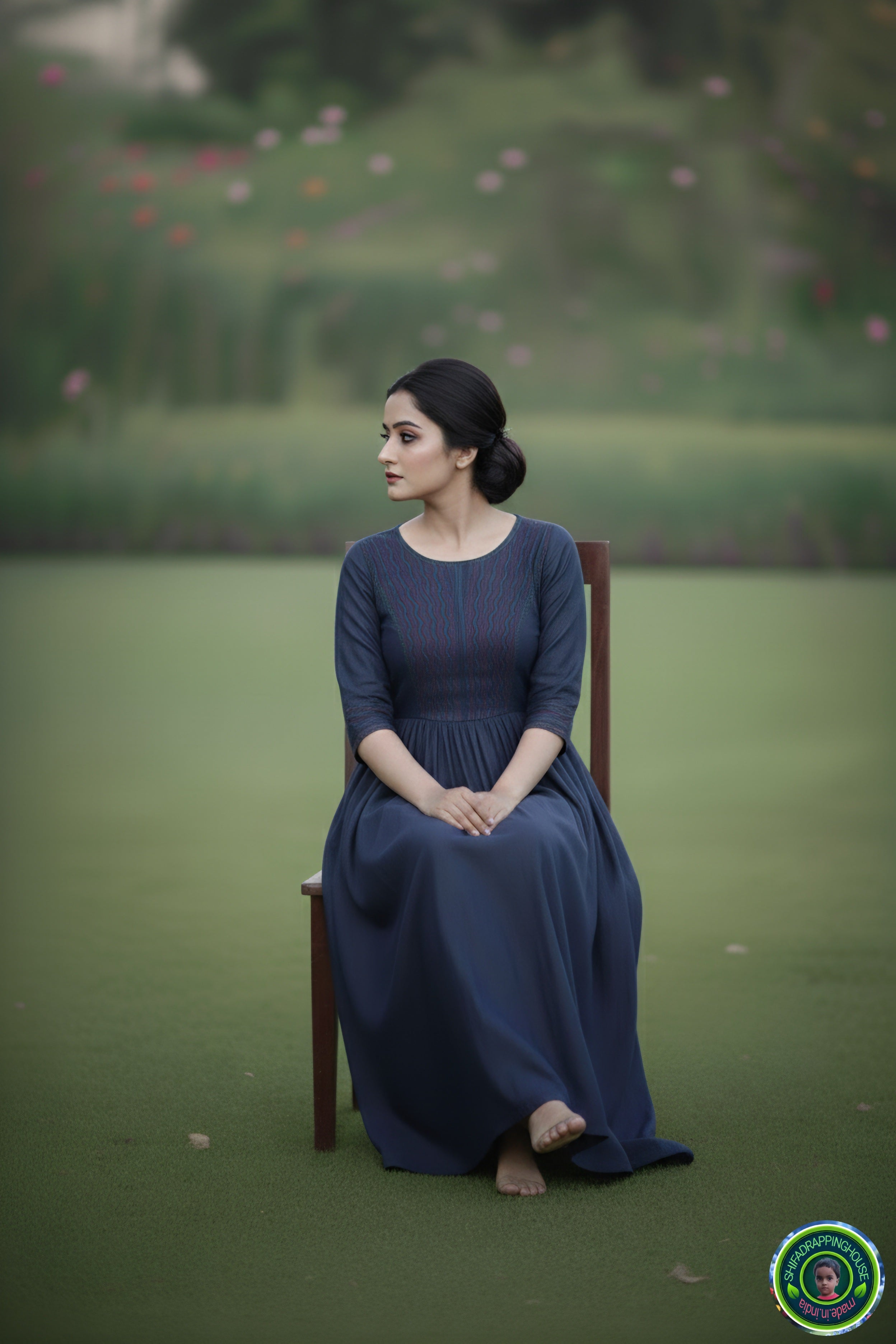 ShifaDrappinghouse.Women's Indigo Denim Maxi Gown with Vibrant Red & Turquoise Embroidery