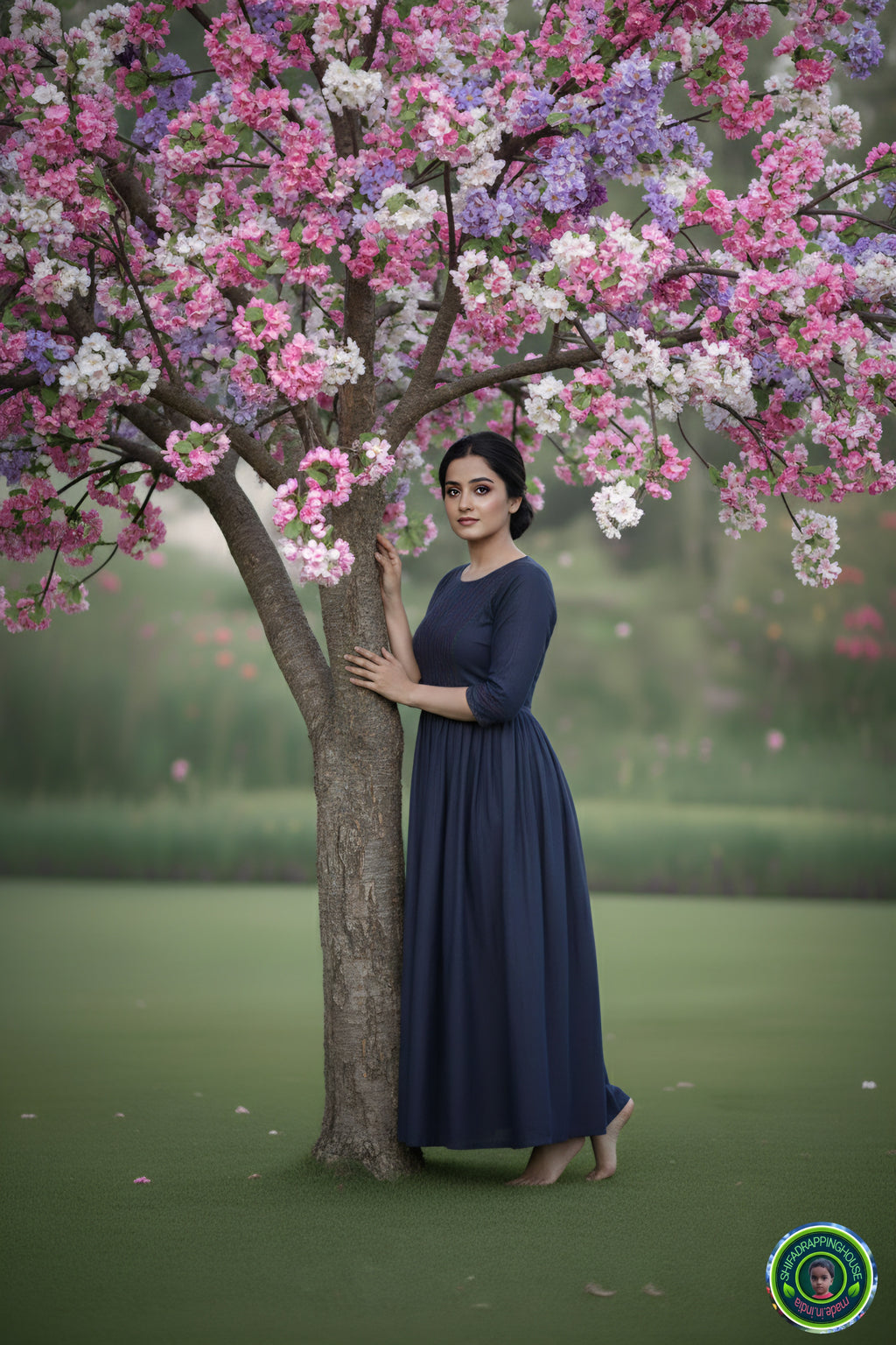 ShifaDrappinghouse.Women's Indigo Denim Maxi Gown with Vibrant Red & Turquoise Embroidery