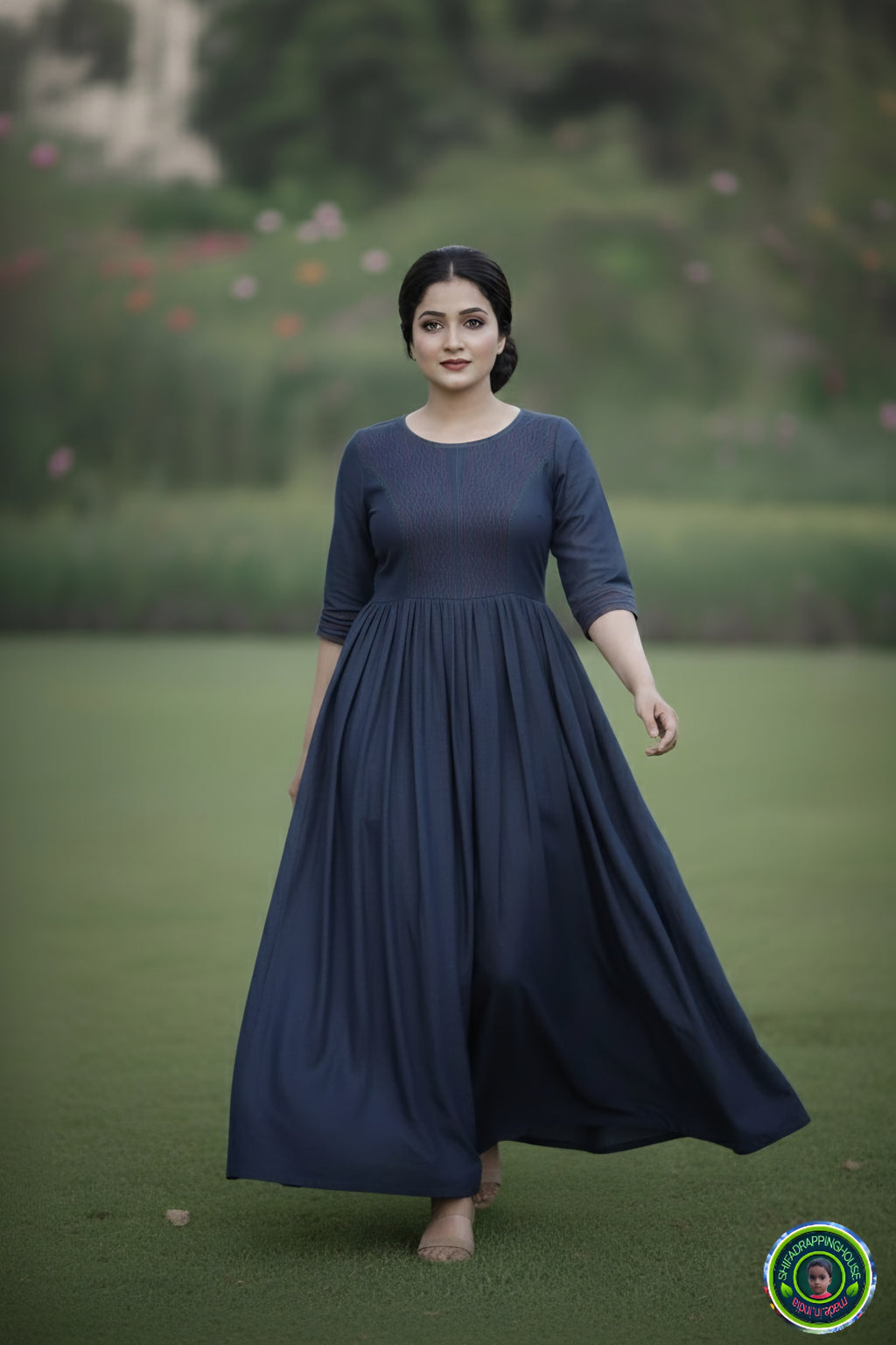 ShifaDrappinghouse.Women's Indigo Denim Maxi Gown with Vibrant Red & Turquoise Embroidery