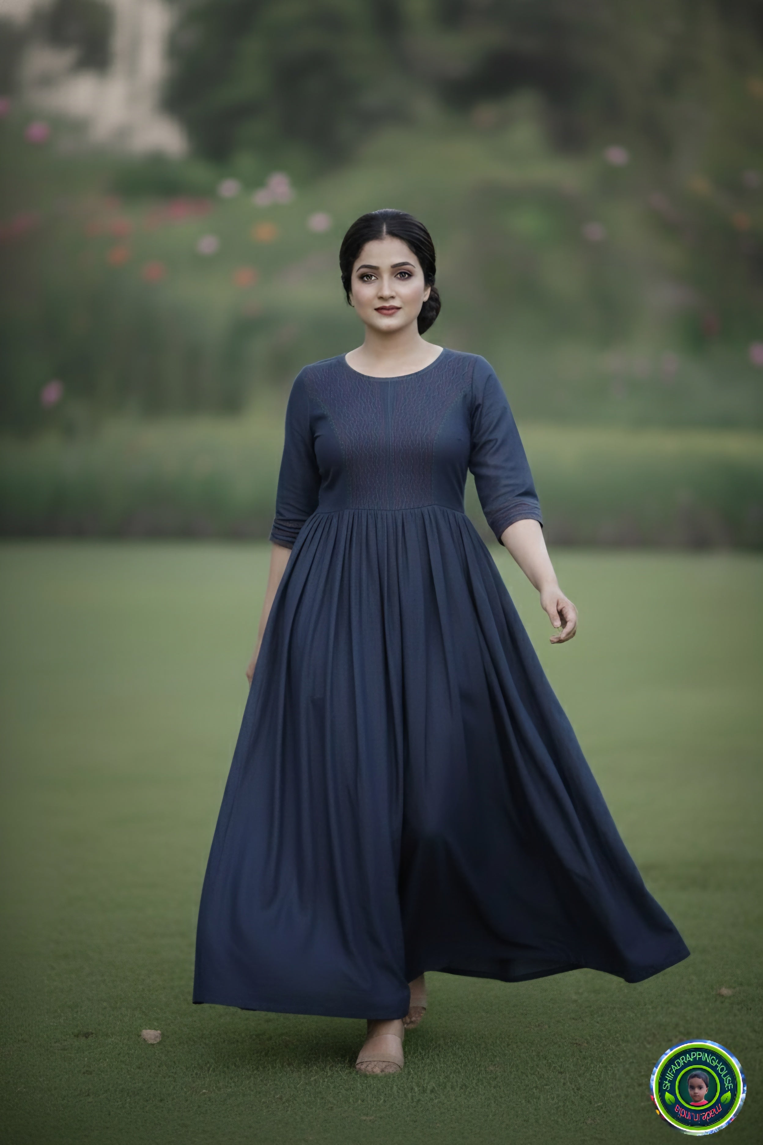 ShifaDrappinghouse.Women's Indigo Denim Maxi Gown with Vibrant Red & Turquoise Embroidery