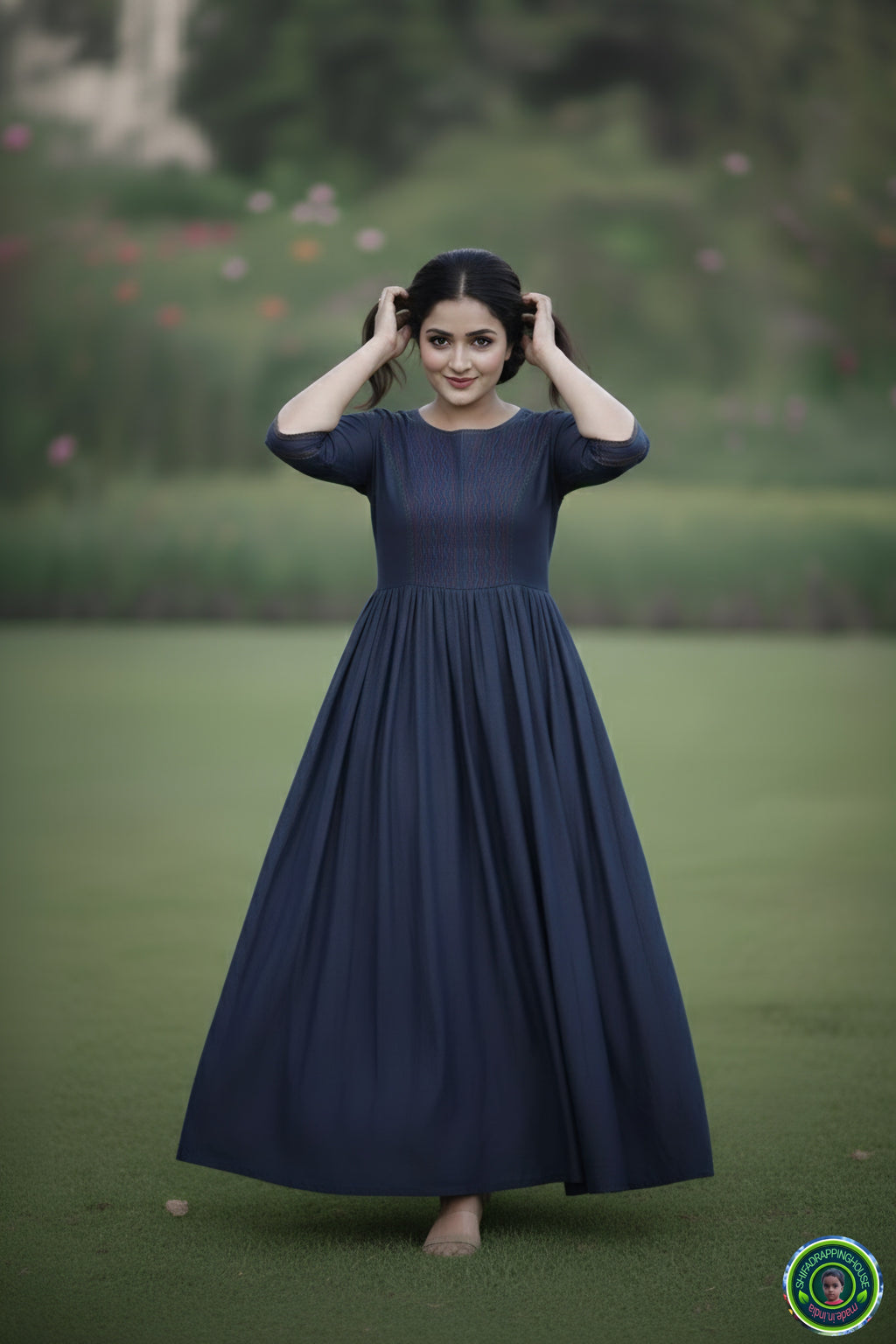 ShifaDrappinghouse.Women's Indigo Denim Maxi Gown with Vibrant Red & Turquoise Embroidery