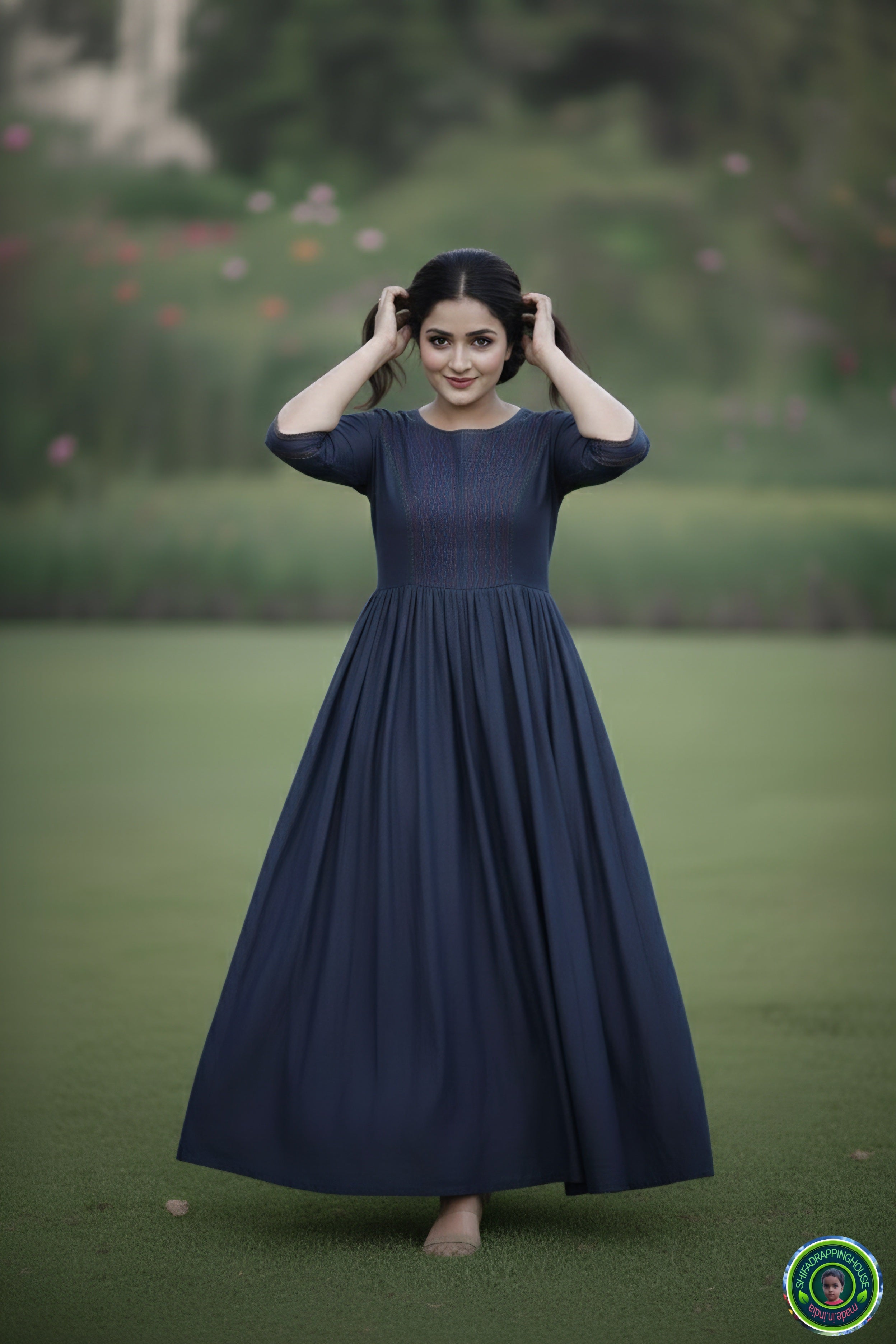 ShifaDrappinghouse.Women's Indigo Denim Maxi Gown with Vibrant Red & Turquoise Embroidery