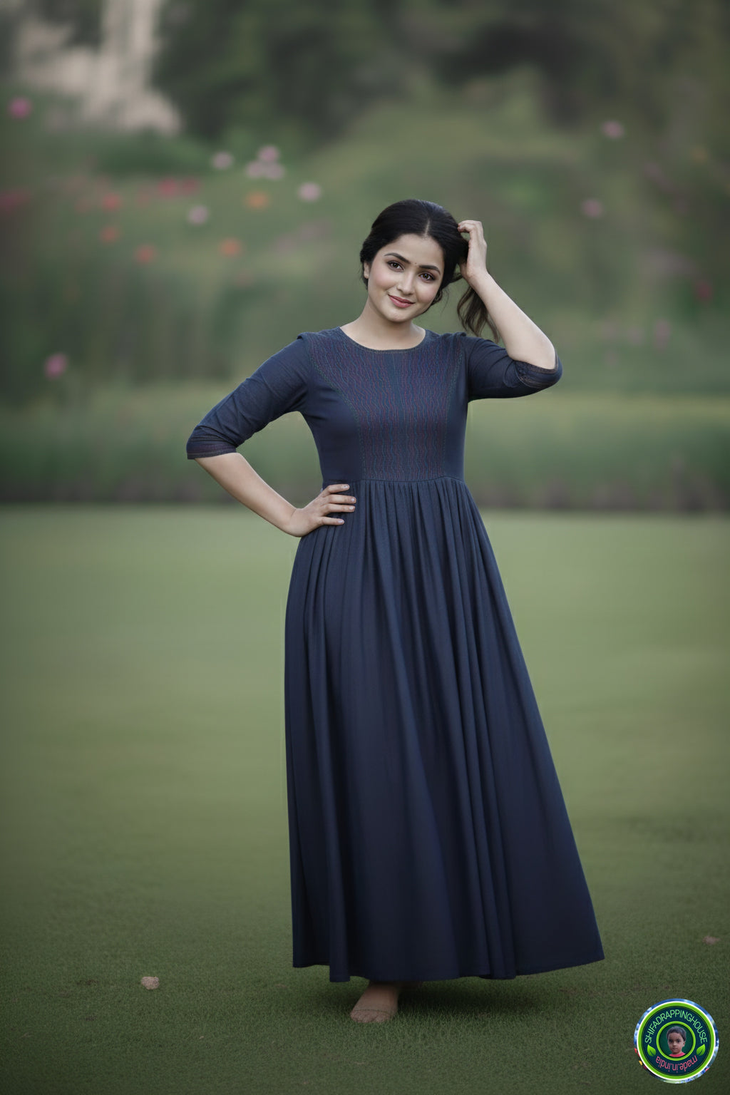 ShifaDrappinghouse.Women's Indigo Denim Maxi Gown with Vibrant Red & Turquoise Embroidery