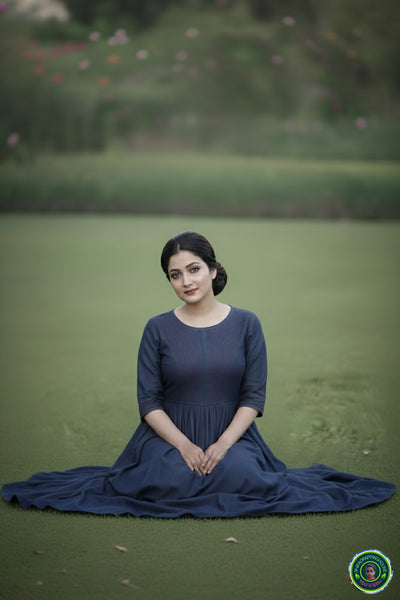 ShifaDrappinghouse.Women's Indigo Denim Maxi Gown with Vibrant Red & Turquoise Embroidery