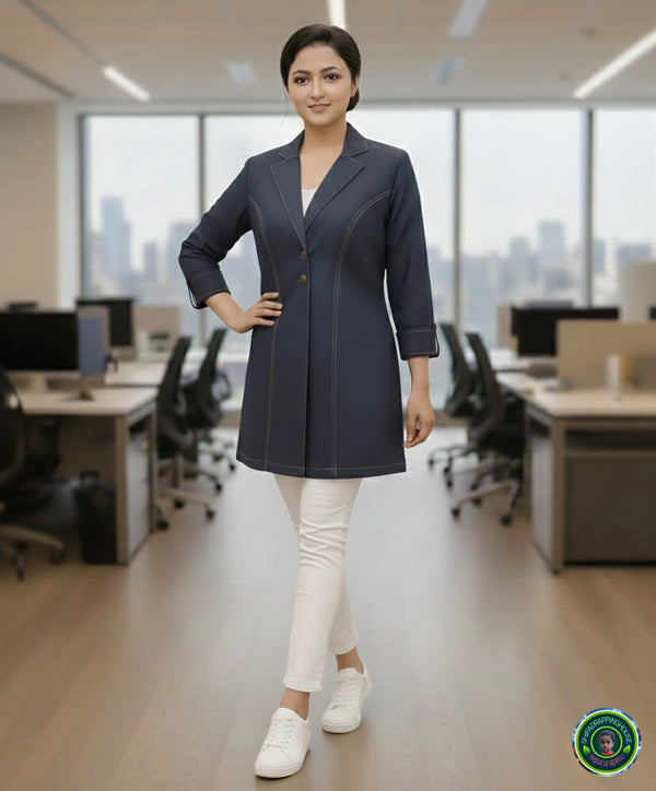 Women's Premium Navy Blue Denim Blazer-Style Jacket