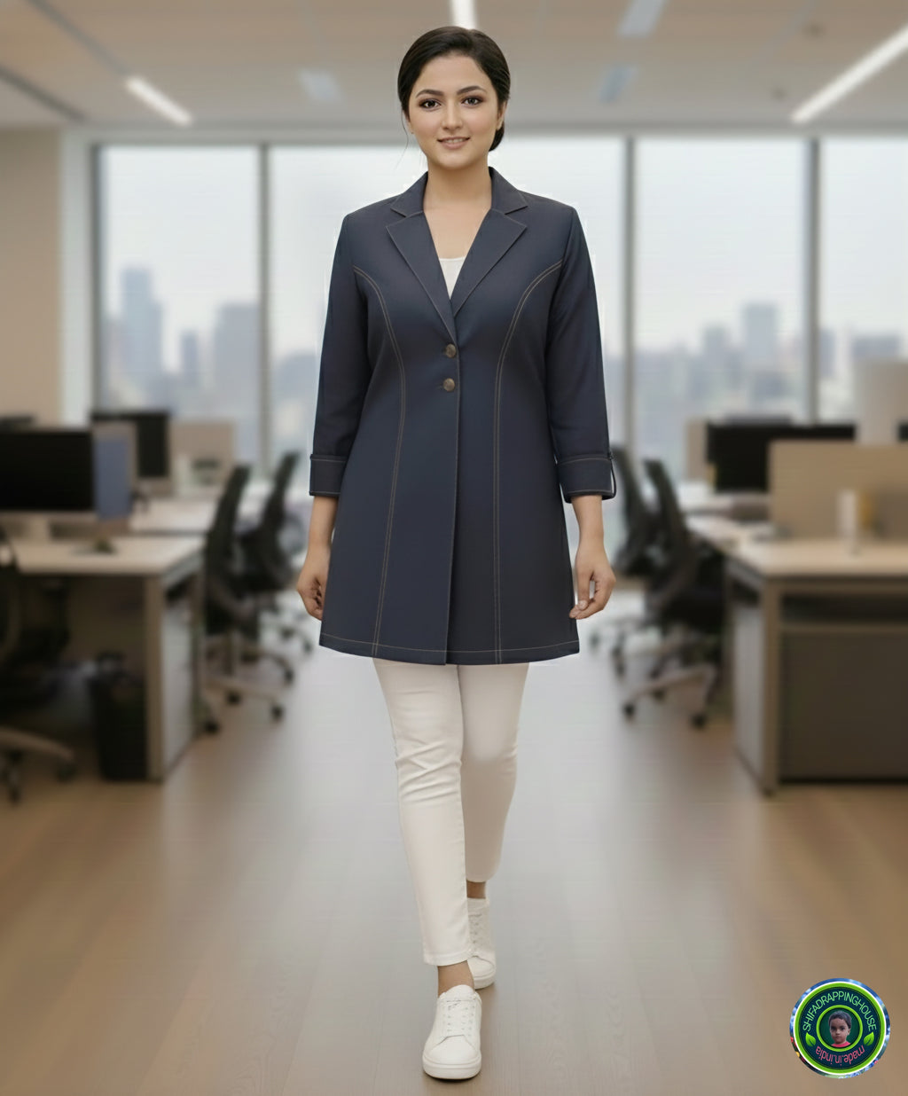 Women's Premium Navy Blue Denim Blazer-Style Jacket