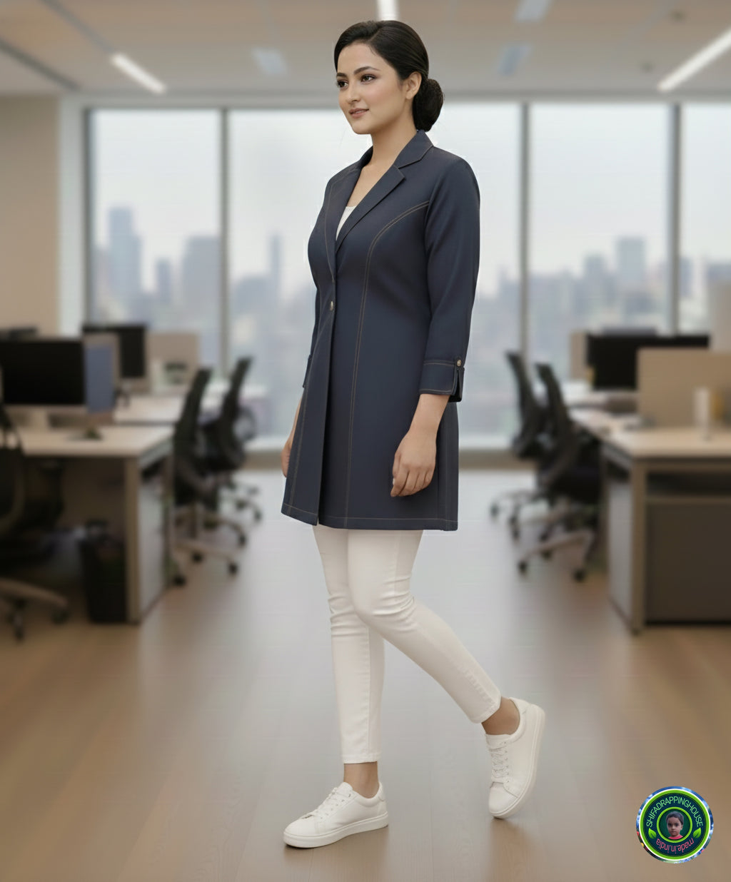 Women's Premium Navy Blue Denim Blazer-Style Jacket