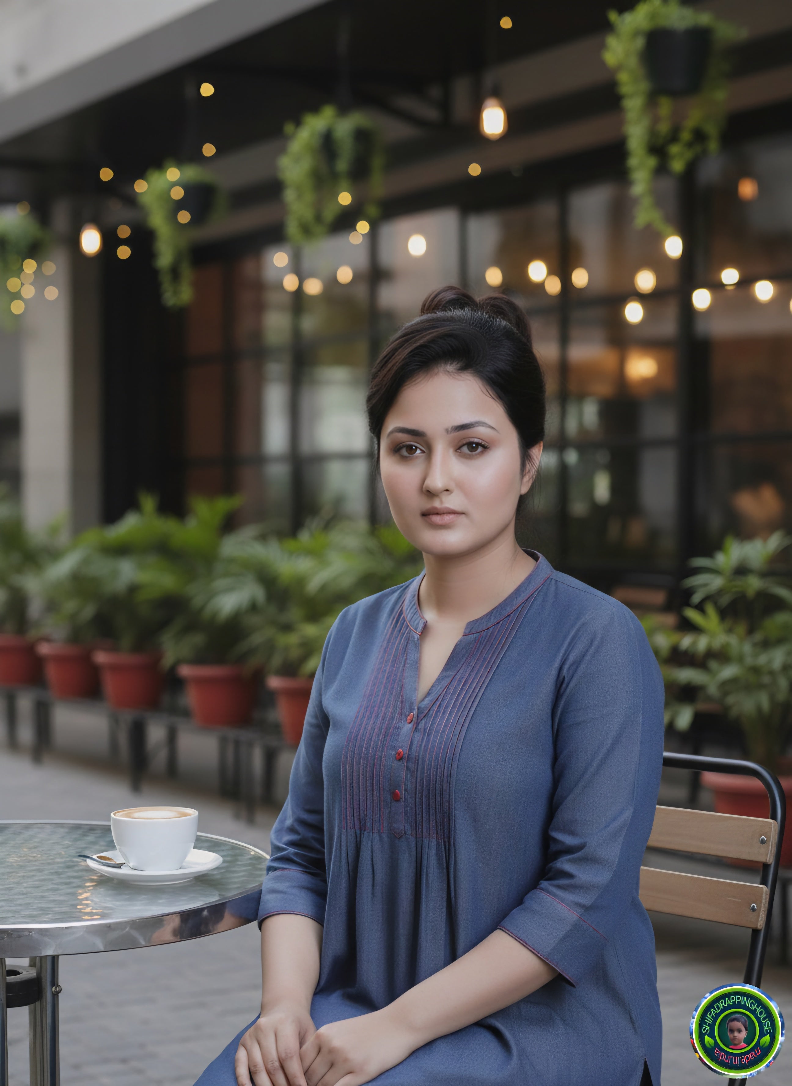 Premium Indigo Denim Kurti.with Red Pintex Pleat Detailing