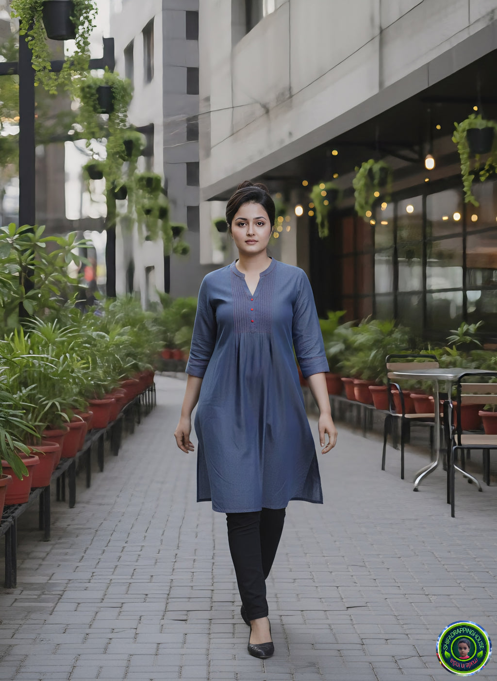 Premium Indigo Denim Kurti.with Red Pintex Pleat Detailing
