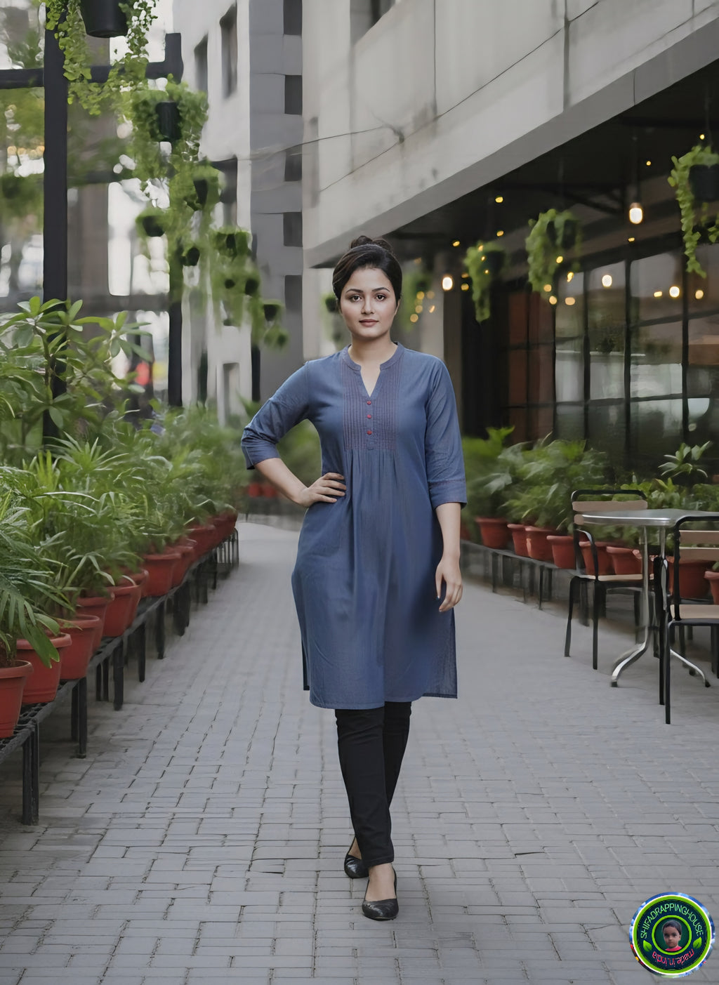 Premium Indigo Denim Kurti.with Red Pintex Pleat Detailing