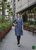 Premium Indigo Denim Kurti.with Red Pintex Pleat Detailing