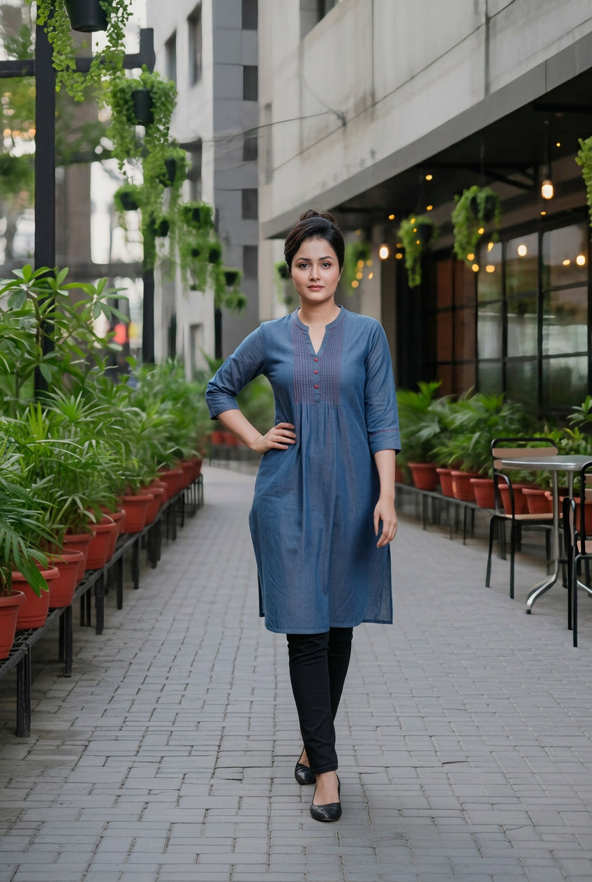Woman in a blue dress standing in an outdoor setting with plants and tables.