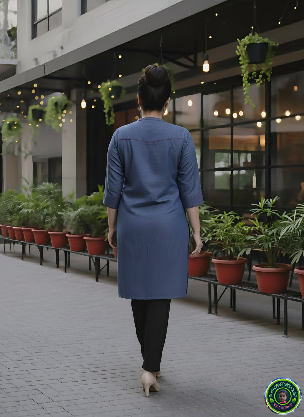 Premium Indigo Denim Kurti.with Red Pintex Pleat Detailing