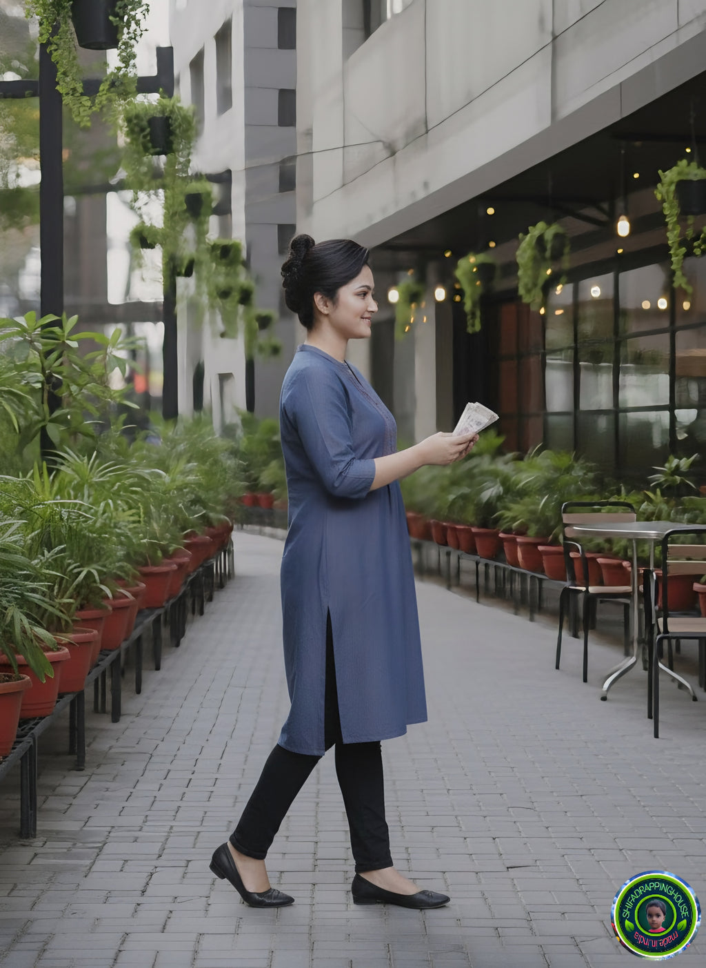 Premium Indigo Denim Kurti.with Red Pintex Pleat Detailing