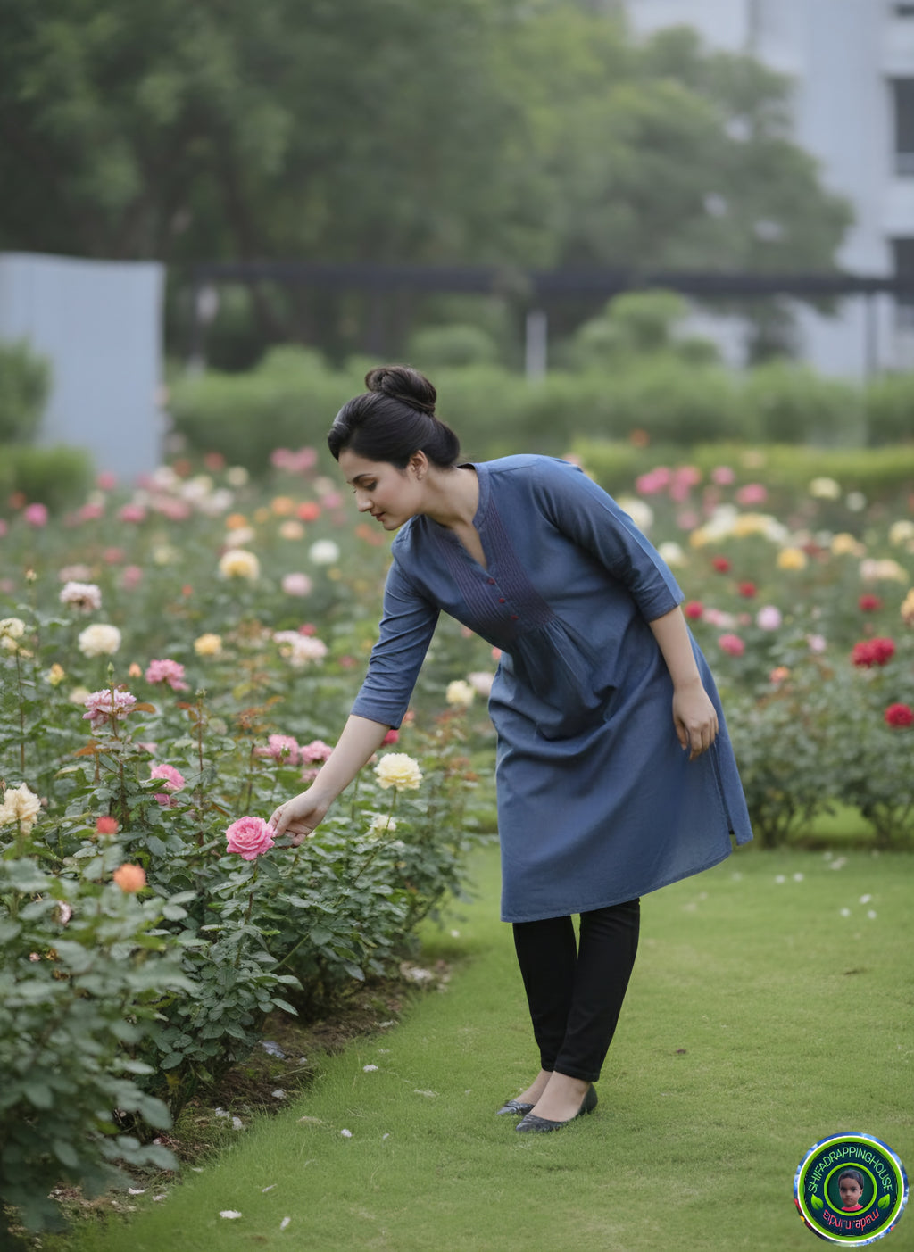 Premium Indigo Denim Kurti.with Red Pintex Pleat Detailing