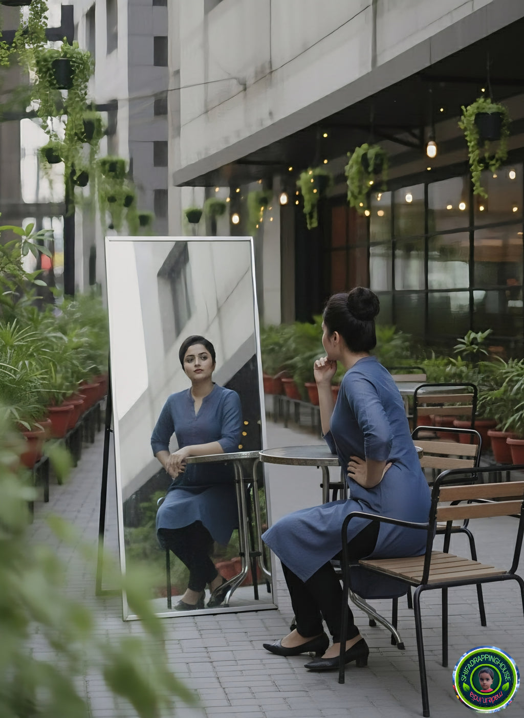 Premium Indigo Denim Kurti.with Red Pintex Pleat Detailing