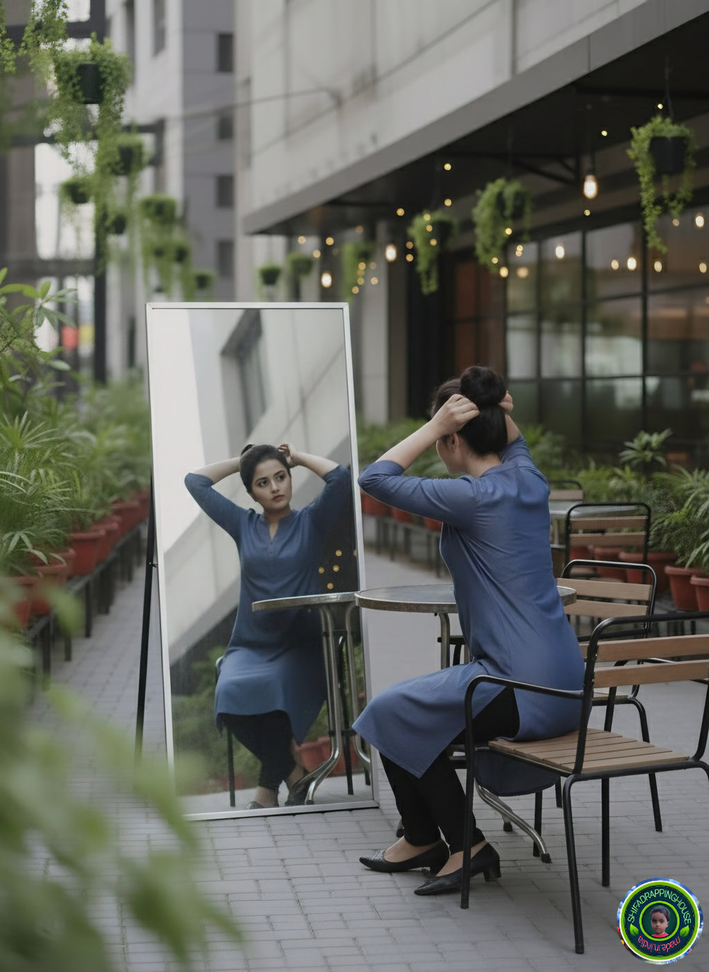 Premium Indigo Denim Kurti.with Red Pintex Pleat Detailing