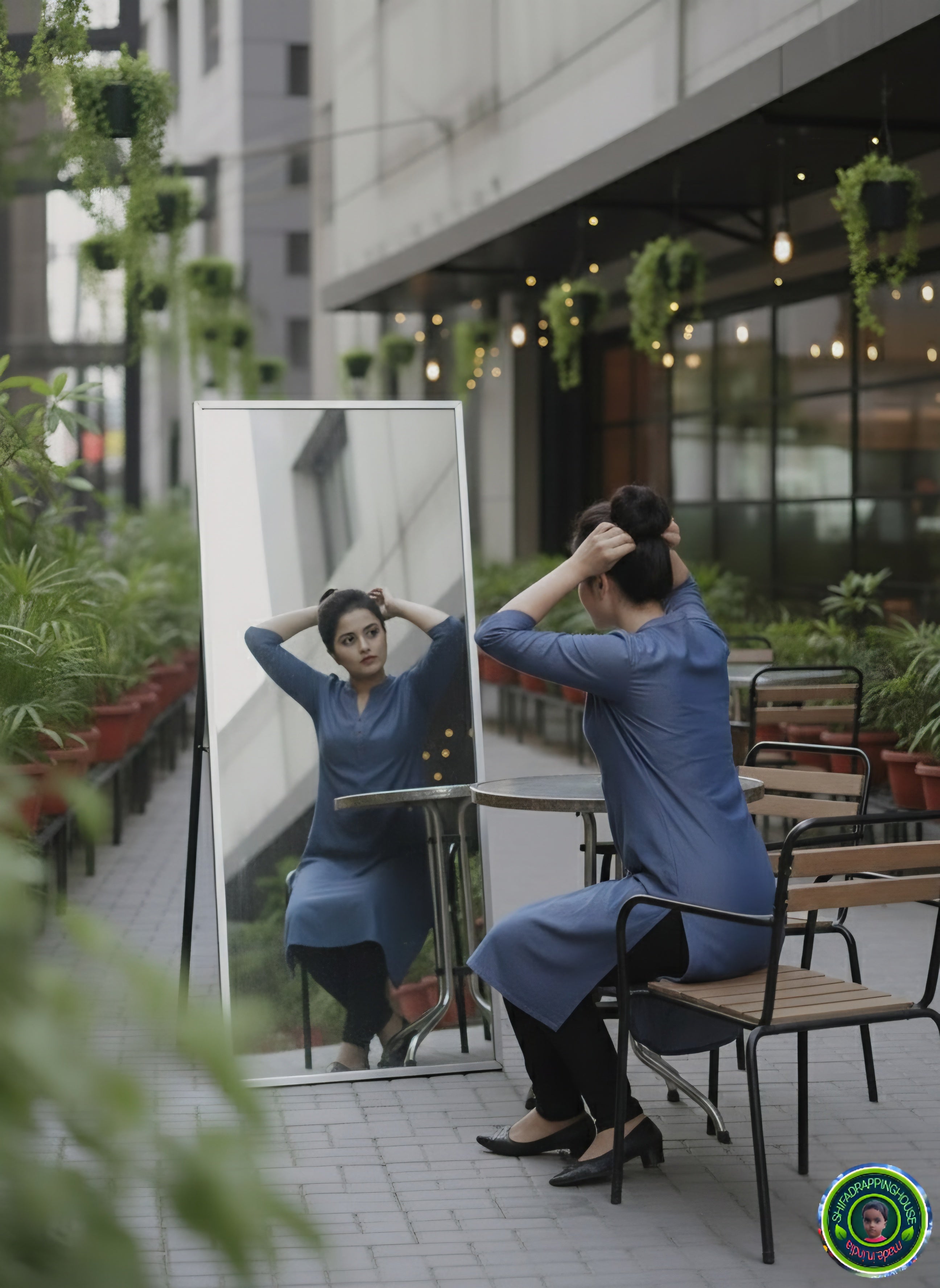 Premium Indigo Denim Kurti.with Red Pintex Pleat Detailing