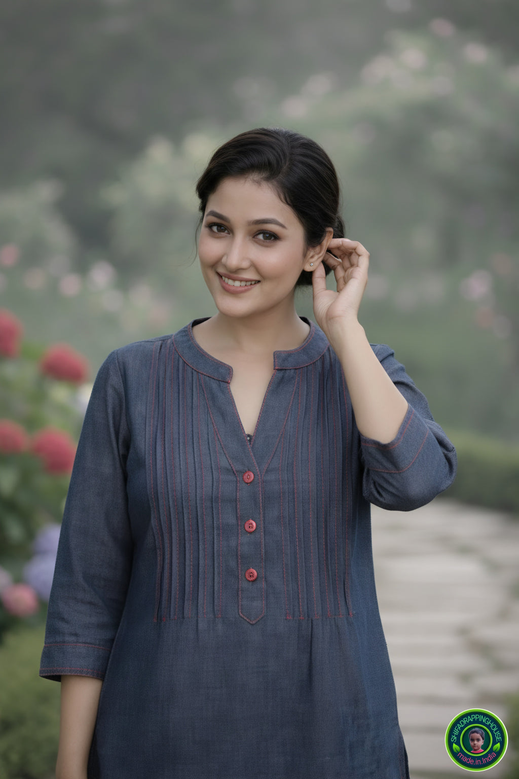 Mandarin Collar Denim Top with Red Contrast Stitching and Pintex Details