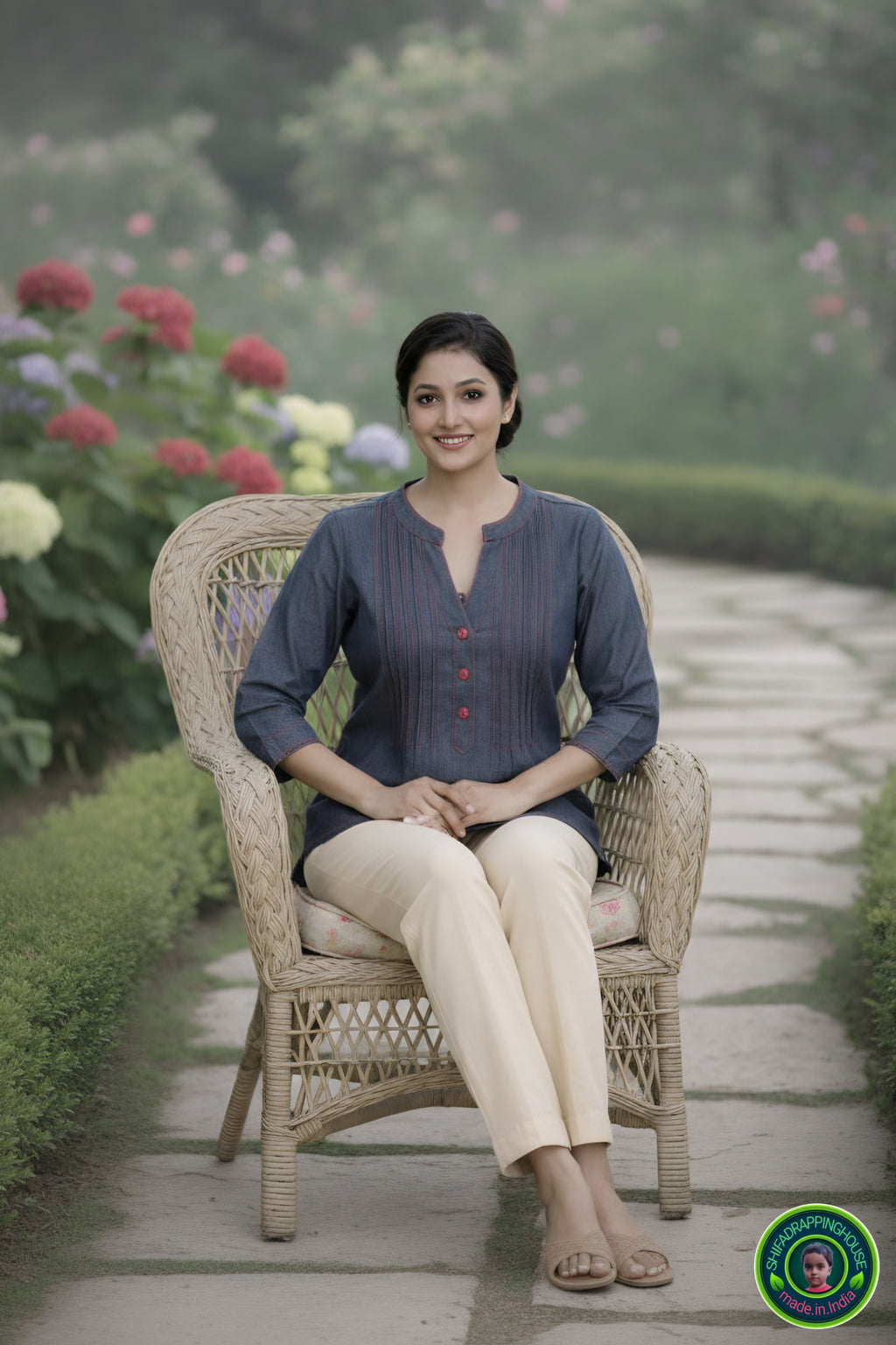 Mandarin Collar Denim Top with Red Contrast Stitching and Pintex Details