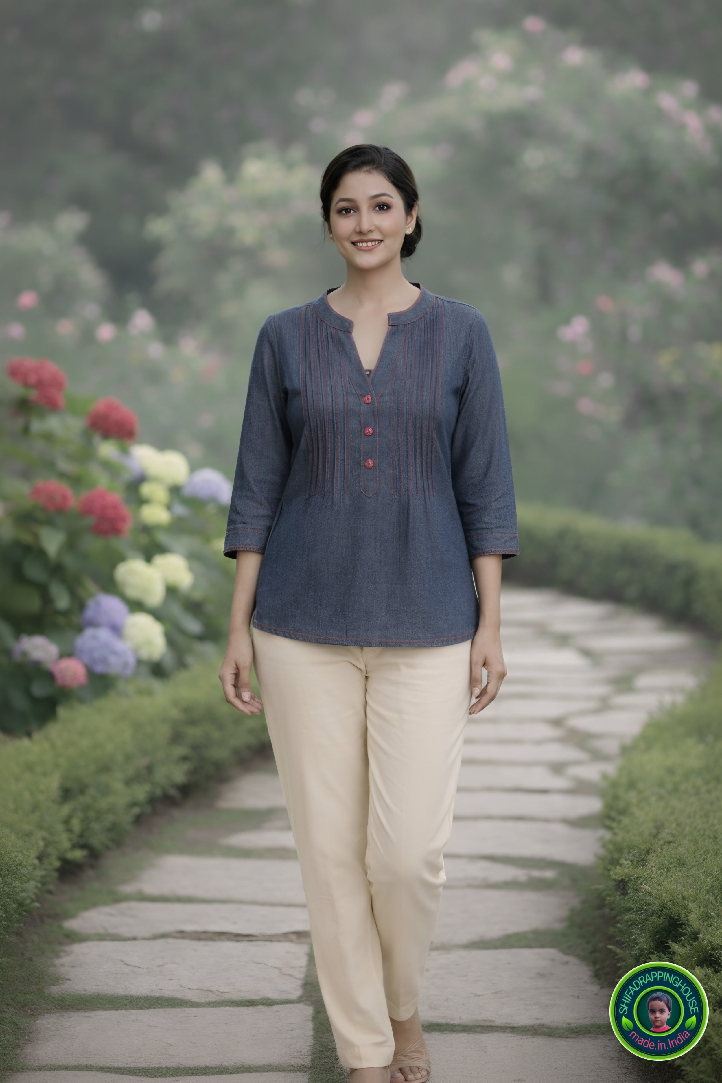 Mandarin Collar Denim Top with Red Contrast Stitching and Pintex Details