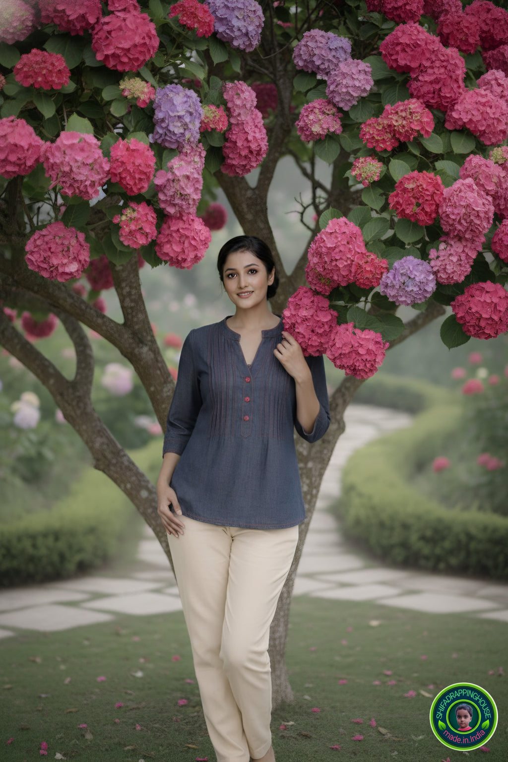 Mandarin Collar Denim Top with Red Contrast Stitching and Pintex Details