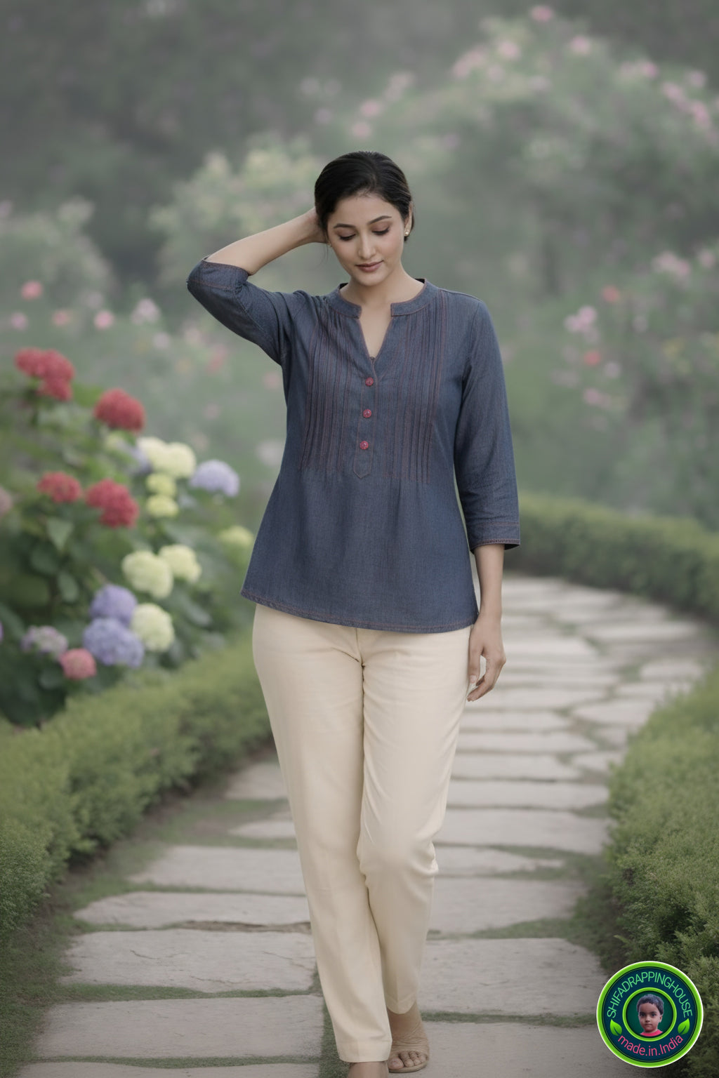 Mandarin Collar Denim Top with Red Contrast Stitching and Pintex Details