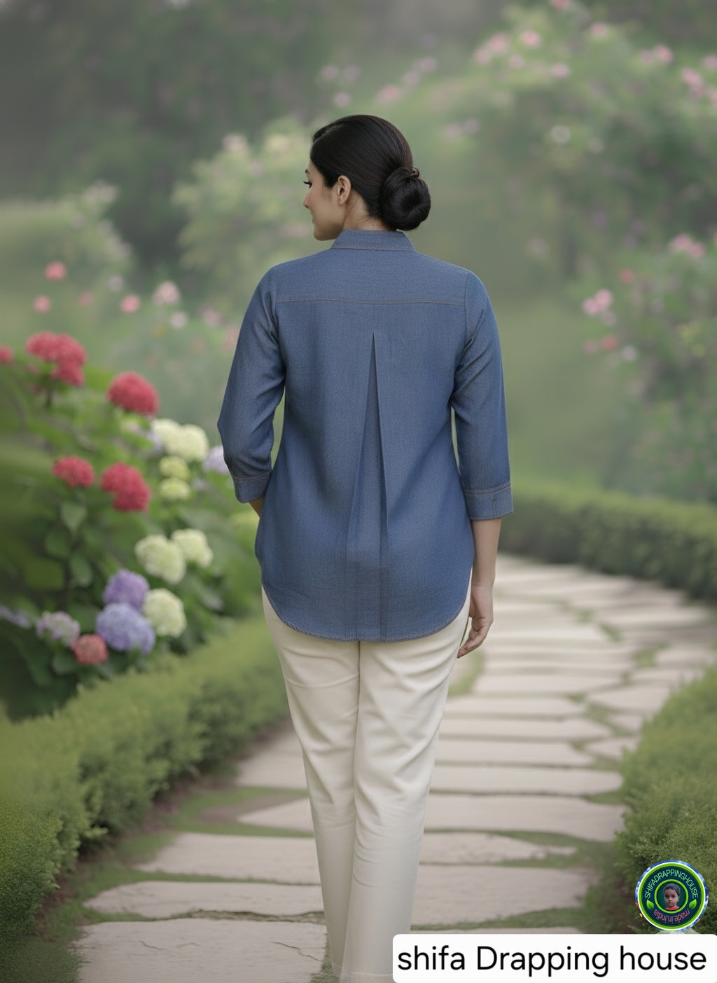 Premium Indigo Denim Shirt with Gold Pin-Tuck Details & Box Pleat