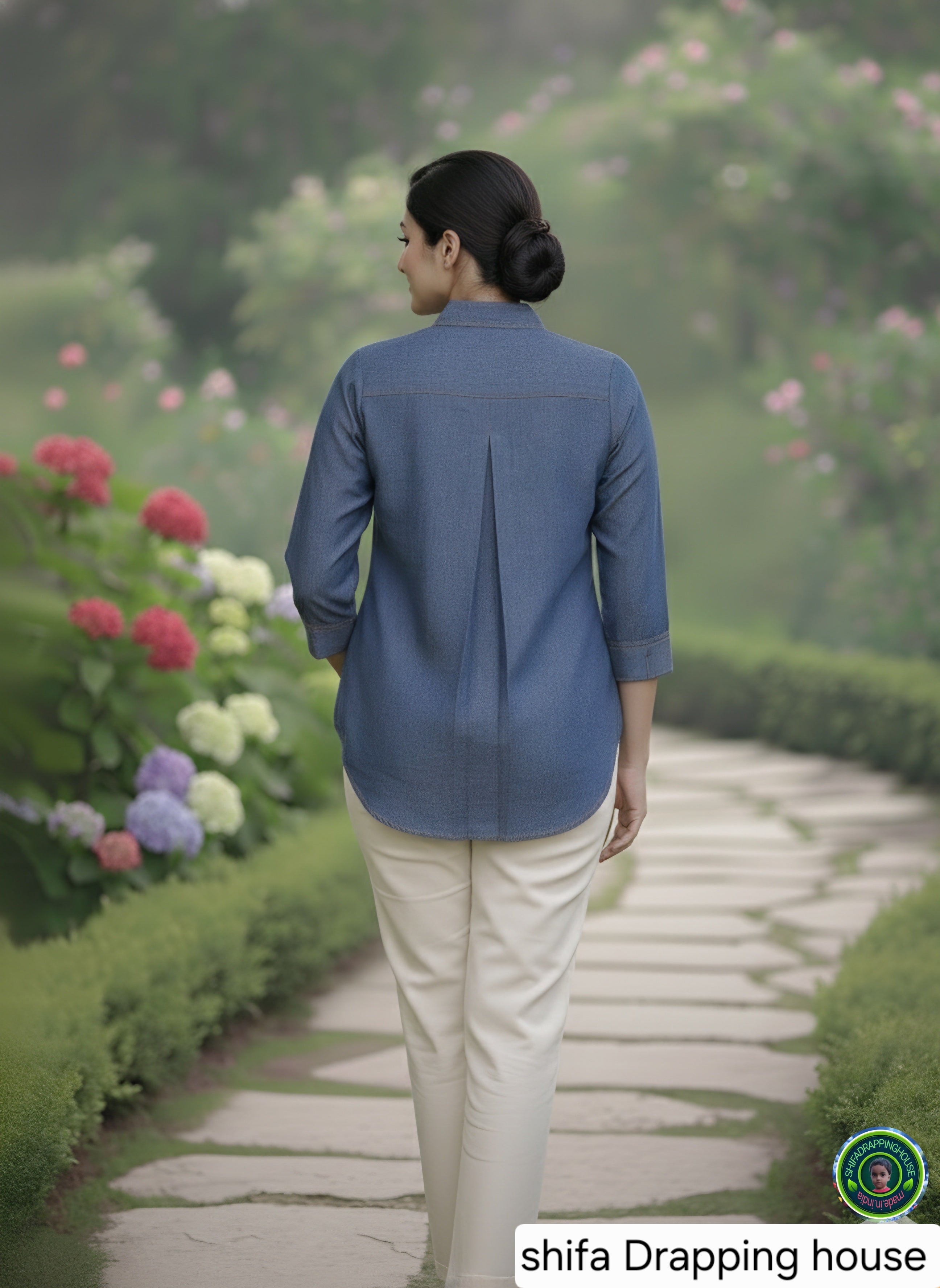 Premium Indigo Denim Shirt with Gold Pin-Tuck Details & Box Pleat