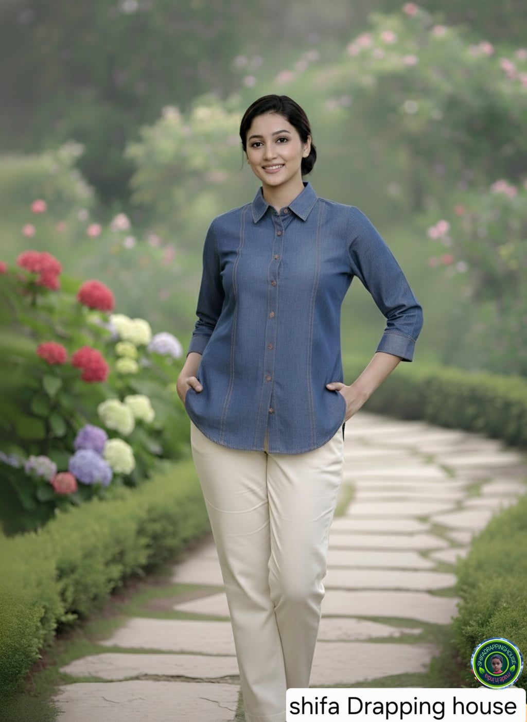 Premium Indigo Denim Shirt with Gold Pin-Tuck Details & Box Pleat