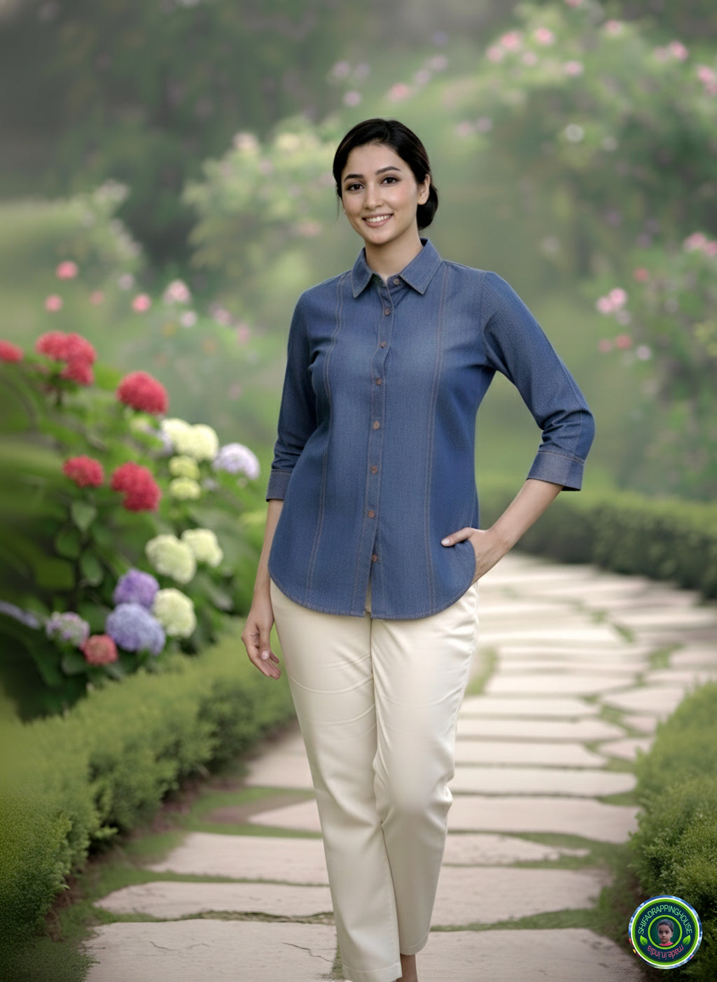 Premium Indigo Denim Shirt with Gold Pin-Tuck Details & Box Pleat