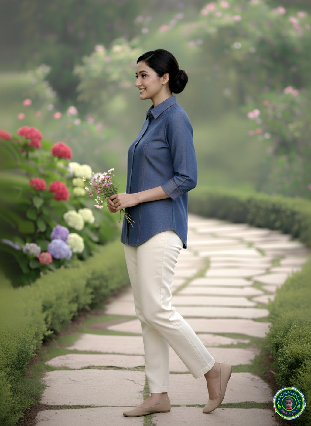 Premium Indigo Denim Shirt with Gold Pin-Tuck Details & Box Pleat