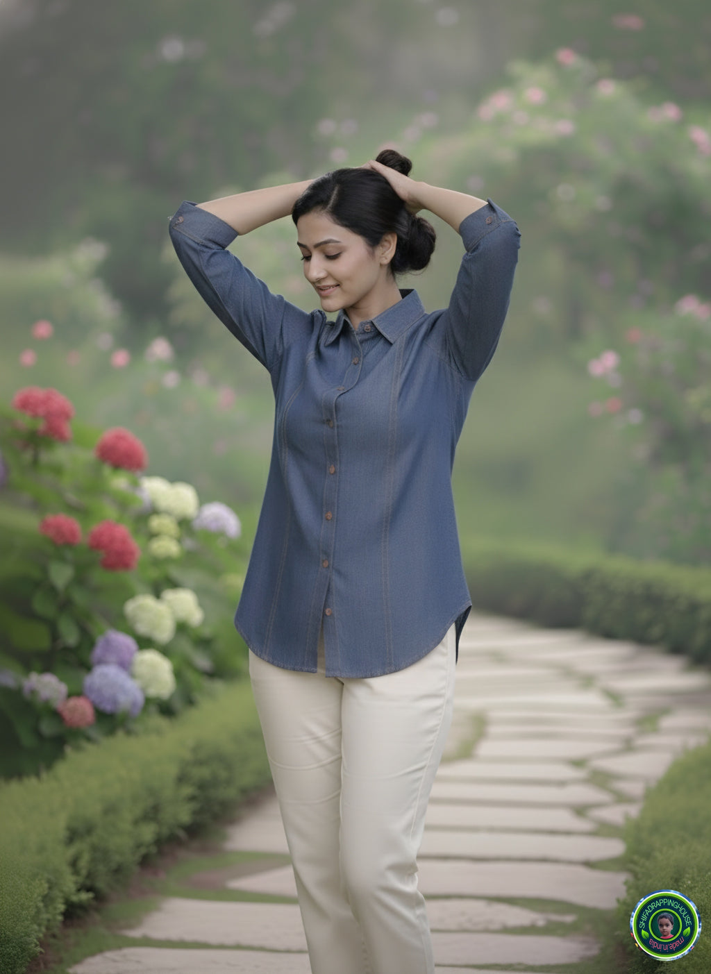Premium Indigo Denim Shirt with Gold Pin-Tuck Details & Box Pleat