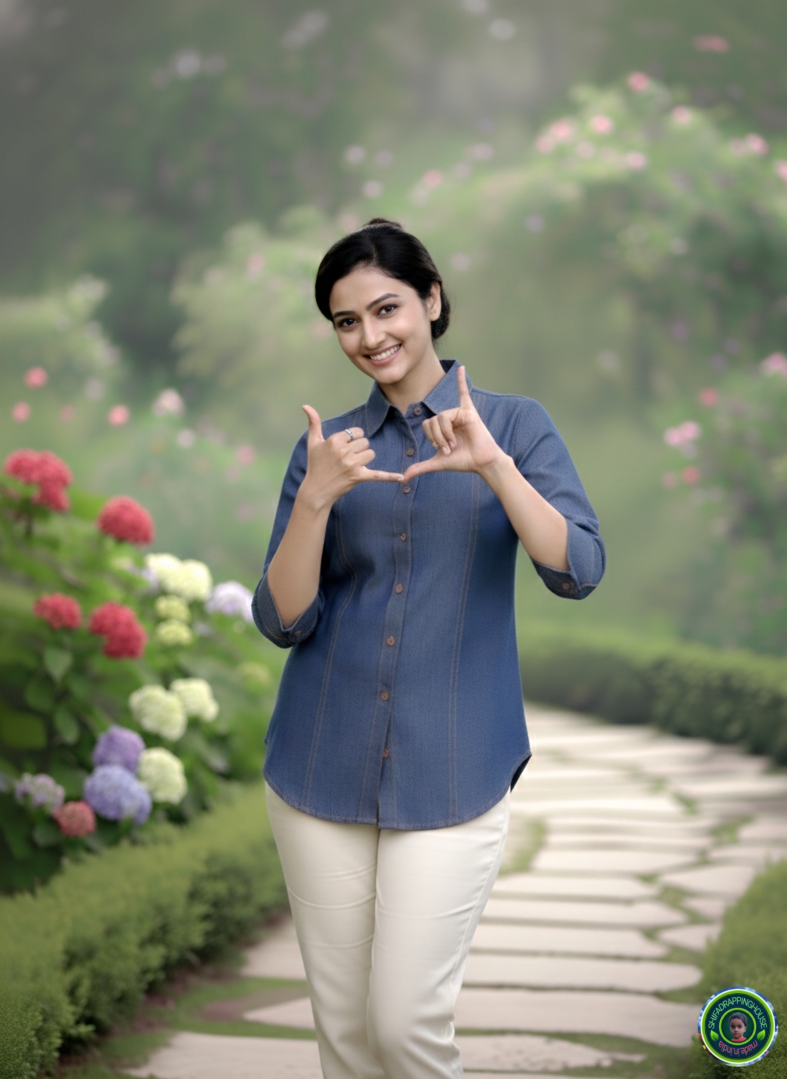 Premium Indigo Denim Shirt with Gold Pin-Tuck Details & Box Pleat