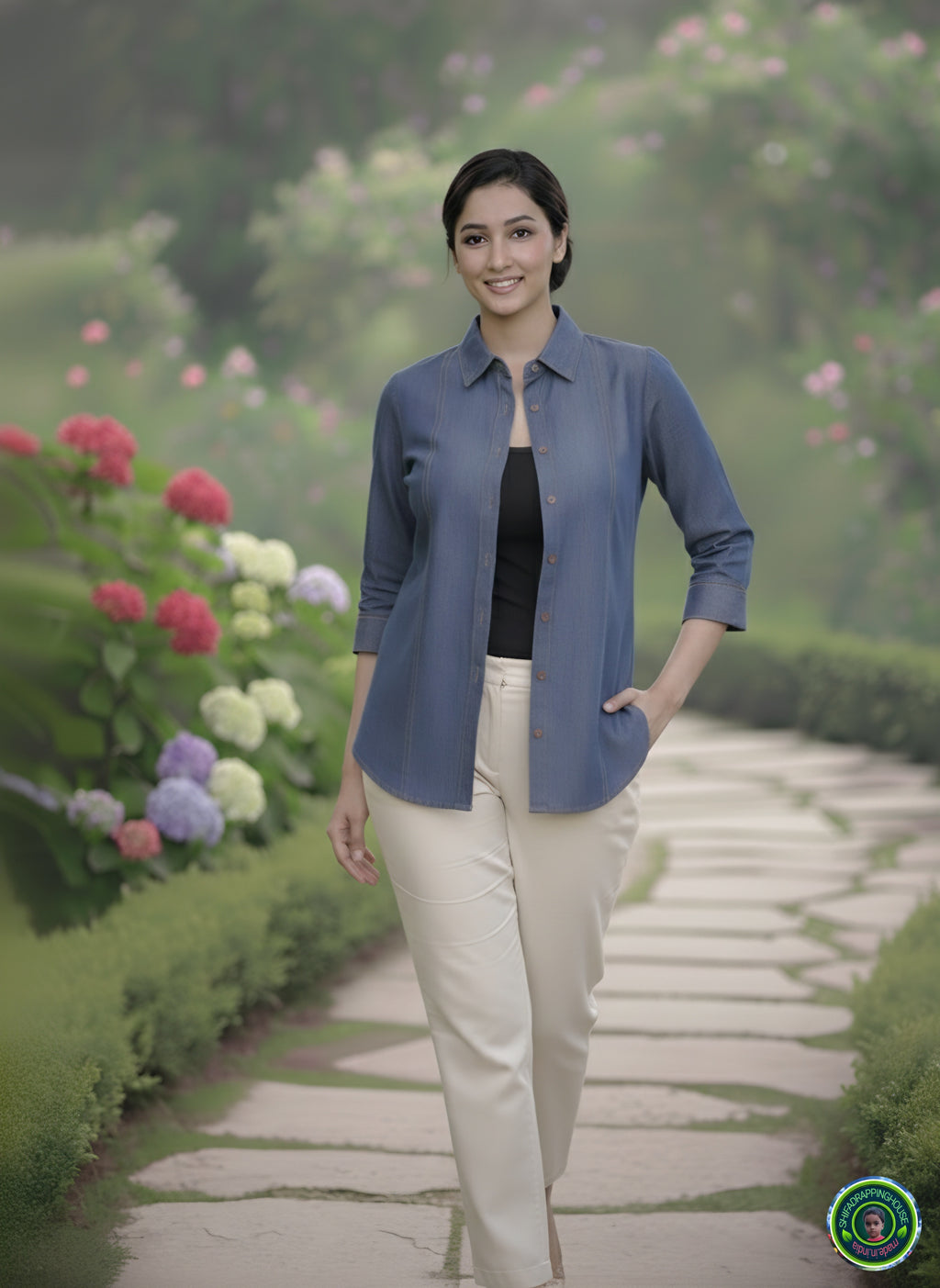 Premium Indigo Denim Shirt with Gold Pin-Tuck Details & Box Pleat