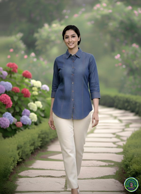 Premium Indigo Denim Shirt with Gold Pin-Tuck Details & Box Pleat