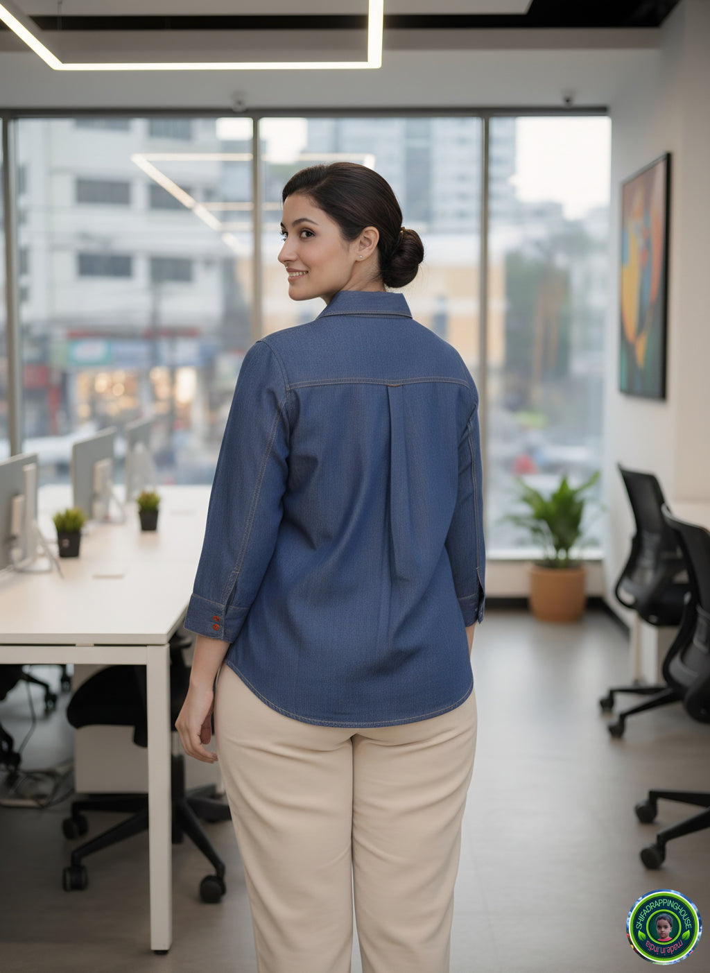Royal Gold-Stitched Denim Shirt | Joint-Detail Office Wear with 3/4 Cuff Sleeves