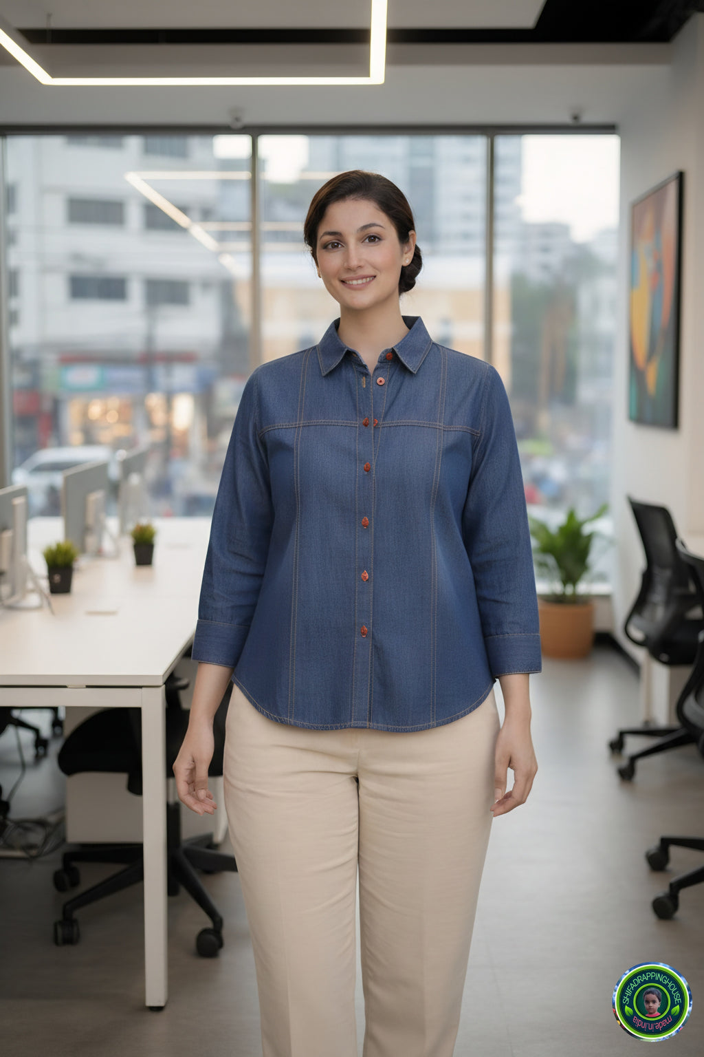 Royal Gold-Stitched Denim Shirt | Joint-Detail Office Wear with 3/4 Cuff Sleeves