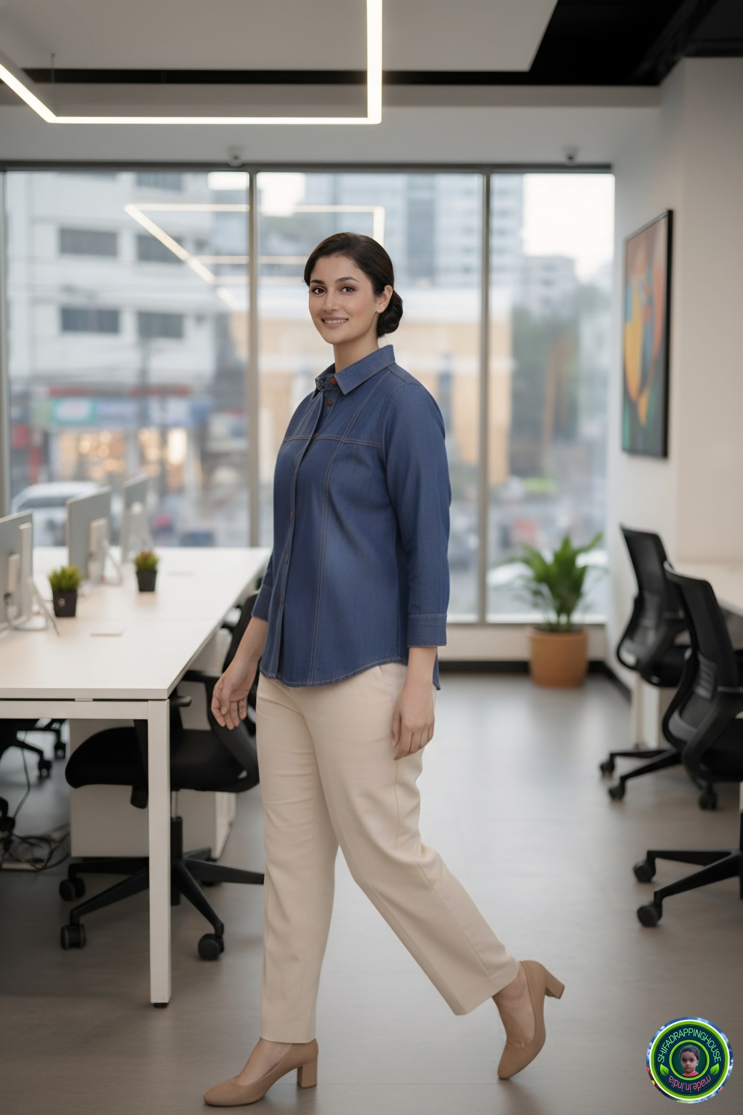 Royal Gold-Stitched Denim Shirt | Joint-Detail Office Wear with 3/4 Cuff Sleeves