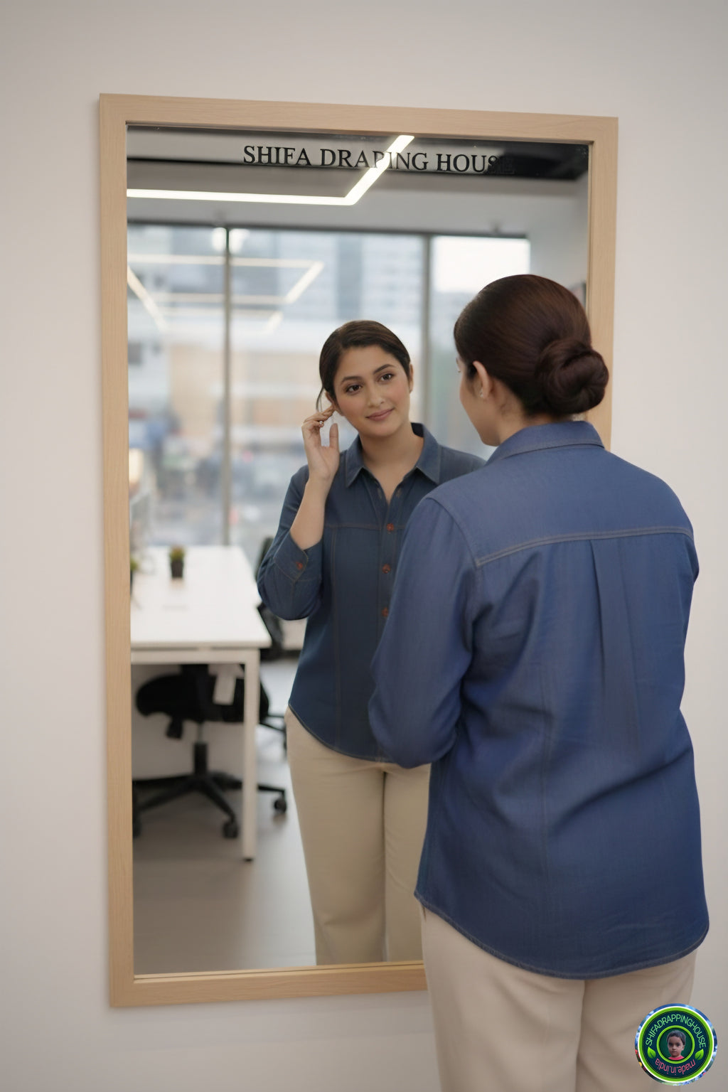 Royal Gold-Stitched Denim Shirt | Joint-Detail Office Wear with 3/4 Cuff Sleeves