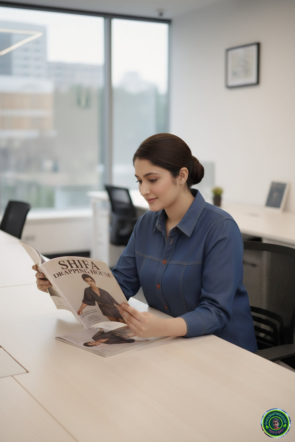 Royal Gold-Stitched Denim Shirt | Joint-Detail Office Wear with 3/4 Cuff Sleeves