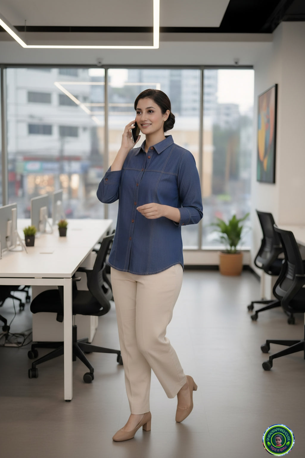 Royal Gold-Stitched Denim Shirt | Joint-Detail Office Wear with 3/4 Cuff Sleeves