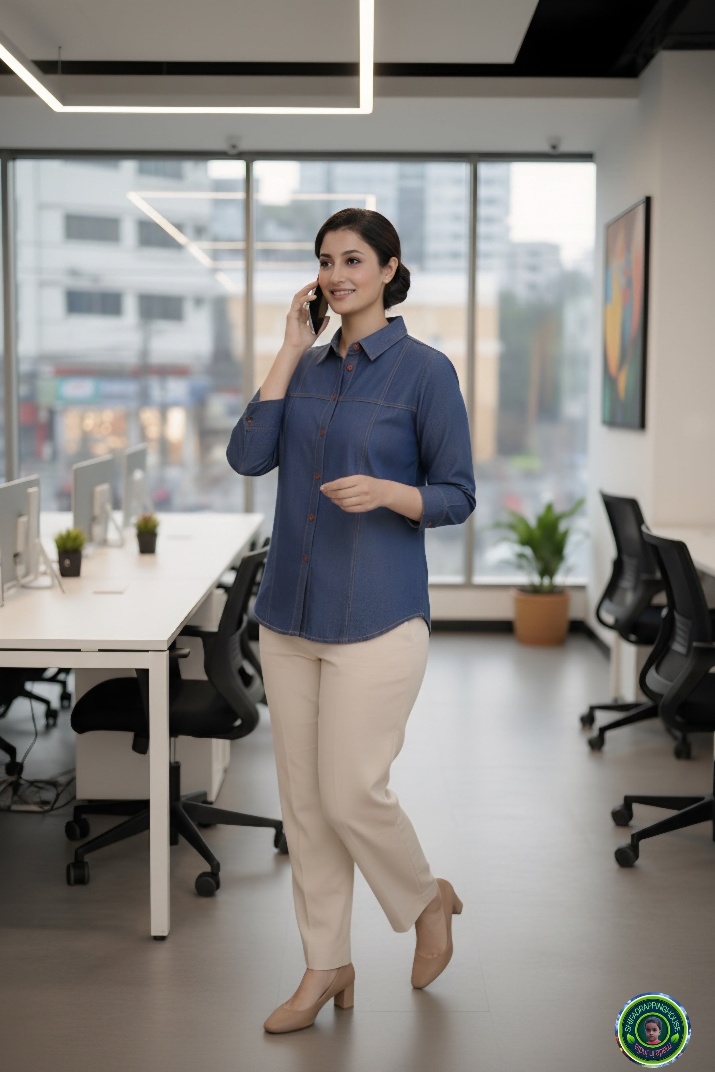 Royal Gold-Stitched Denim Shirt | Joint-Detail Office Wear with 3/4 Cuff Sleeves