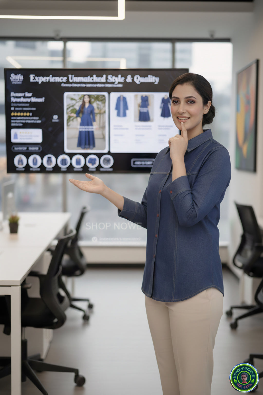 Royal Gold-Stitched Denim Shirt | Joint-Detail Office Wear with 3/4 Cuff Sleeves